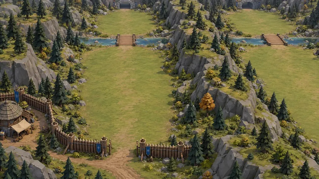 Concept art: two lanes side by side, separated by a rock ridge, with bridges and camp