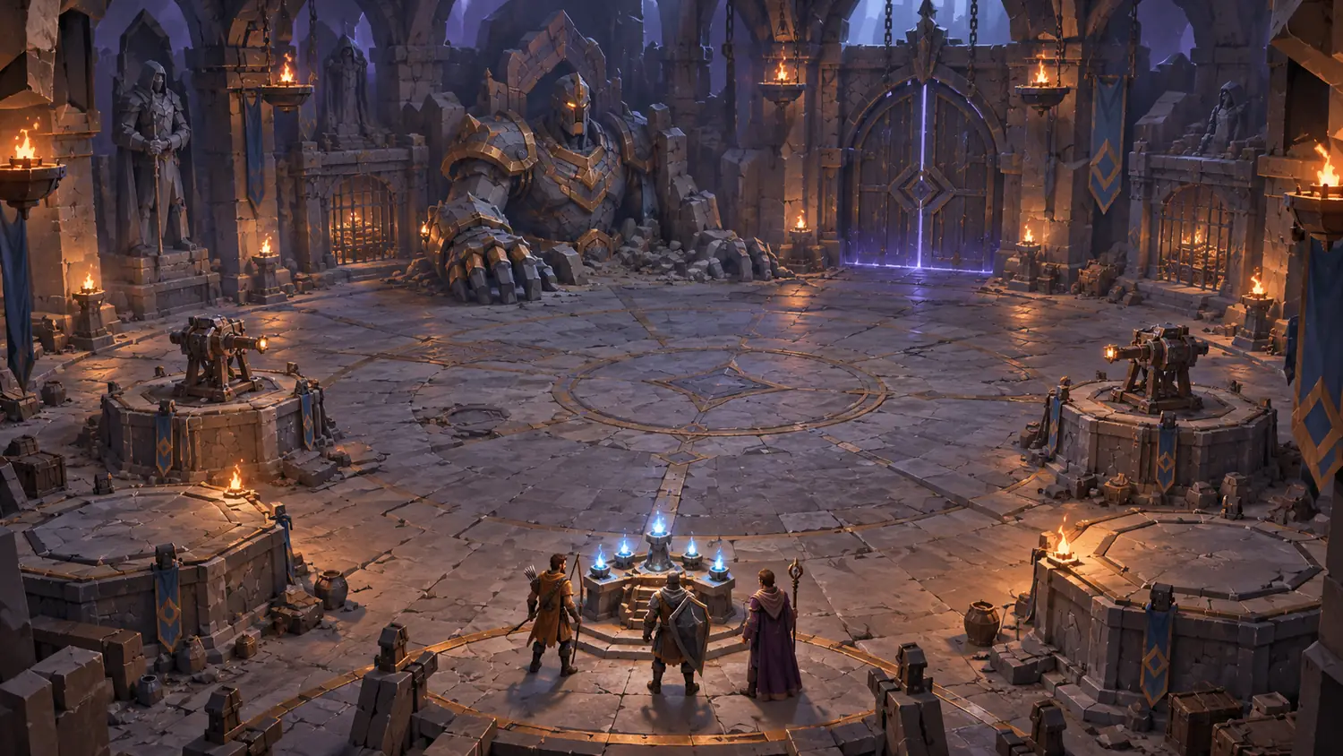 Concept art: Chamber of the Stone Guardian with heroes in front of a colossus