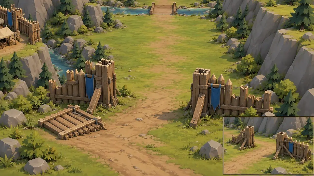 Concept art: gate tower and palisade at the edge of the lane, a river with a footbridge behind
