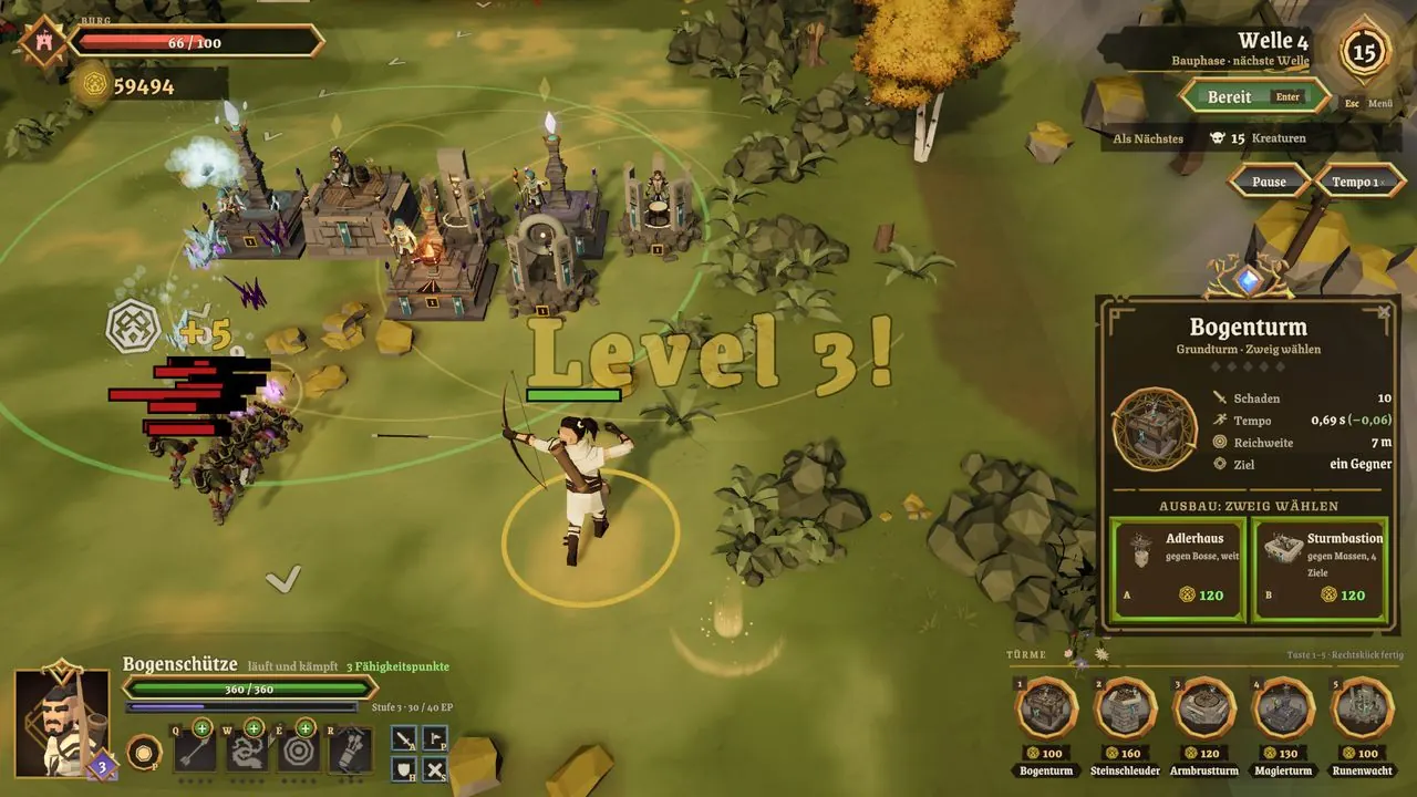 The battle: five towers of the mage family, the archer and a wave