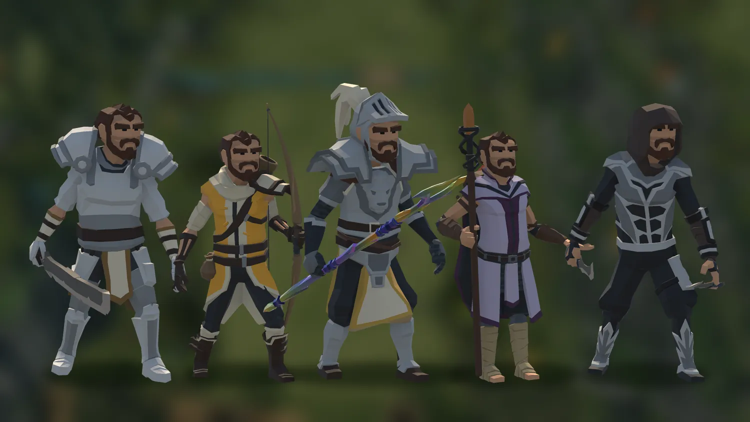 The five heroes side by side: Warrior, Archer, Warlord, Mage and Shadowblade