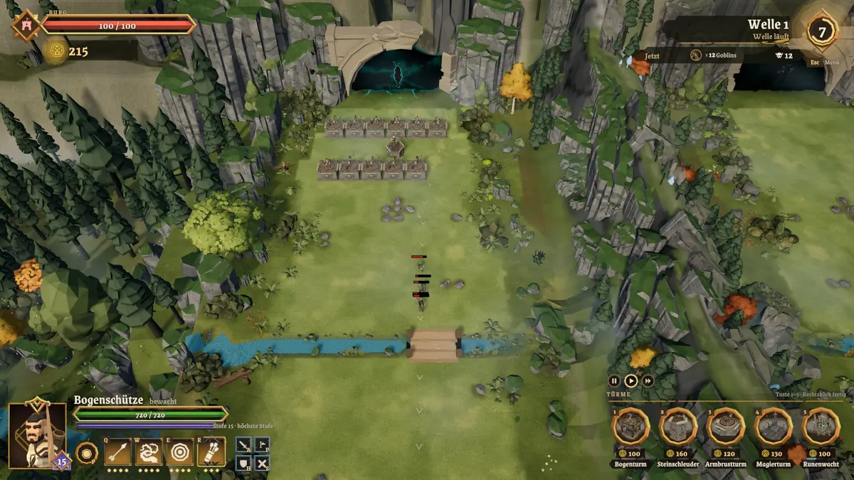 The battle in the game camera: at the top the pass arch with the teal Rift of the Gods, a wave of goblins on the lane in front of the towers, the archer with his abilities at the bottom left and the tower bar at the bottom right